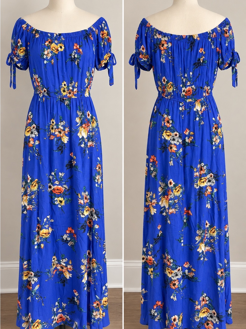 Band of Gypsies Blue Floral Off Shoulder Maxi Dress Size M